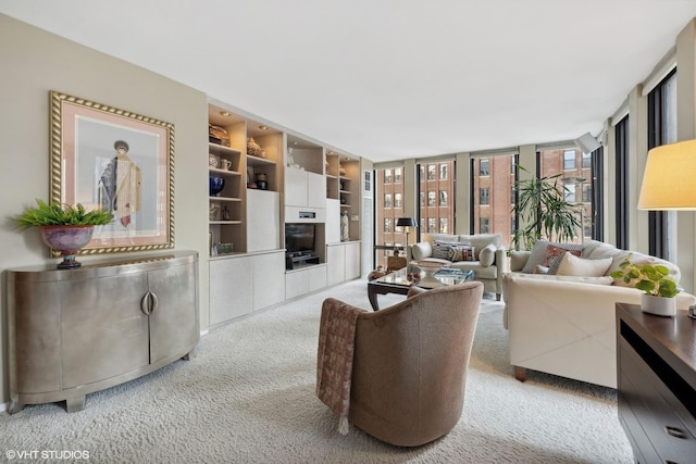 carpeted living room featuring expansive windows