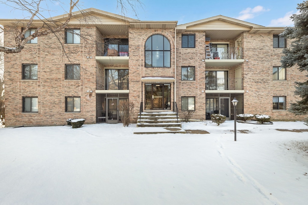 view of snow covered building