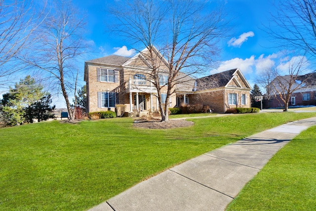 view of front of house featuring brick siding, a front lawn, and a balcony