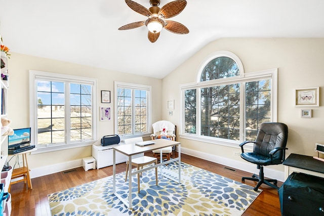 home office with wood-type flooring, lofted ceiling, and ceiling fan