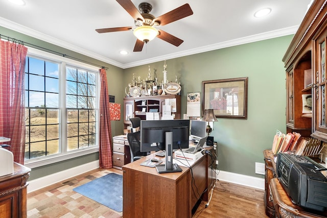 office featuring crown molding, ceiling fan, and light hardwood / wood-style floors