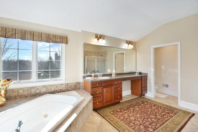 full bathroom with lofted ceiling, toilet, vanity, plus walk in shower, and tile patterned flooring