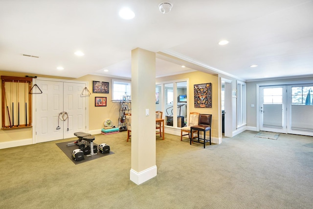 workout area featuring carpet floors, ornamental molding, and a healthy amount of sunlight