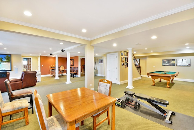 dining space featuring crown molding, pool table, light carpet, and ornate columns