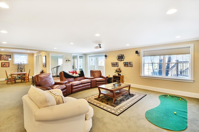 living room featuring light carpet