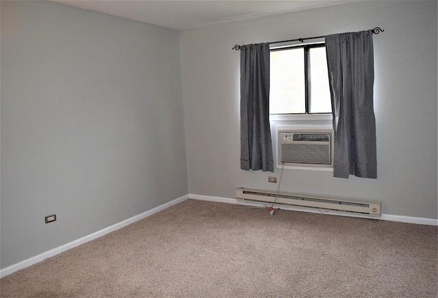 carpeted empty room with a baseboard radiator