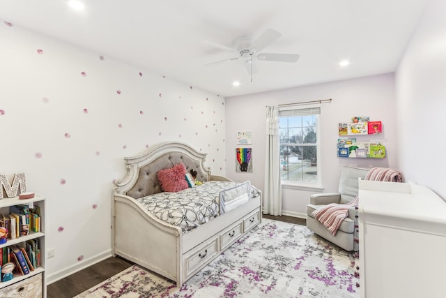 bedroom with ceiling fan and light wood-type flooring