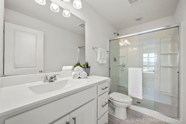 bathroom featuring tile patterned flooring, toilet, an enclosed shower, and vanity