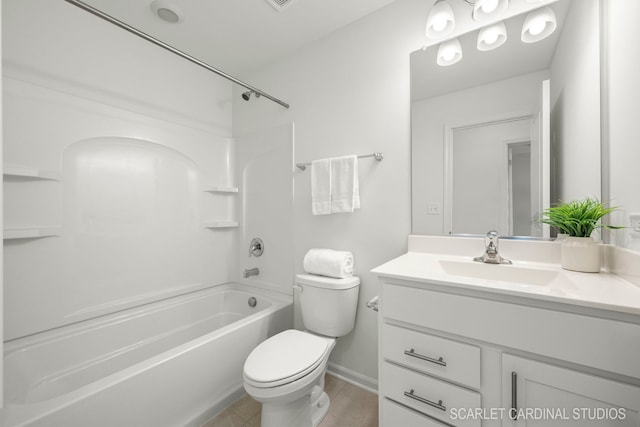 full bath with toilet, shower / tub combination, baseboards, and vanity