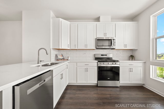 kitchen featuring sink, tasteful backsplash, dark hardwood / wood-style floors, white cabinets, and appliances with stainless steel finishes