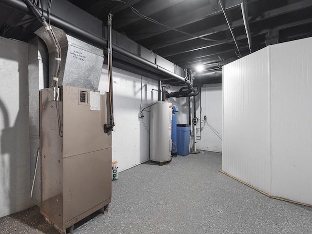 basement with electric water heater and heating unit