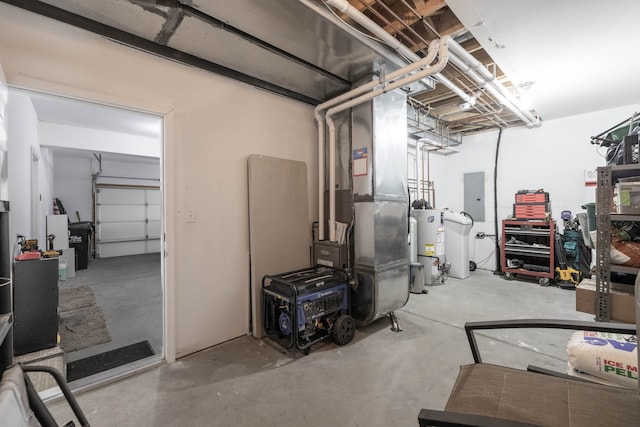 basement featuring electric panel, water heater, and heating unit