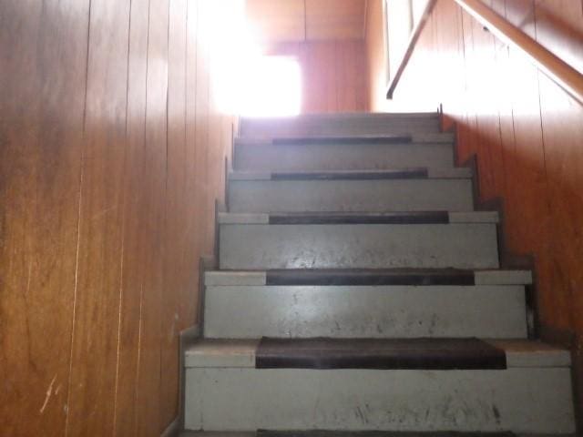 staircase with wooden walls