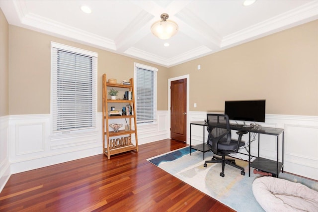 office with beam ceiling, dark hardwood / wood-style floors, crown molding, and coffered ceiling