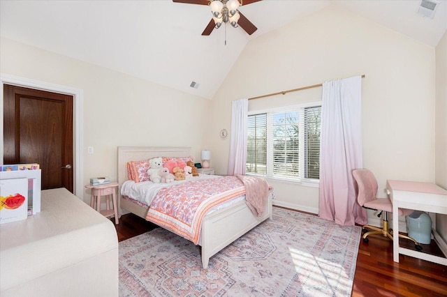 bedroom featuring ceiling fan, wood-type flooring, and high vaulted ceiling