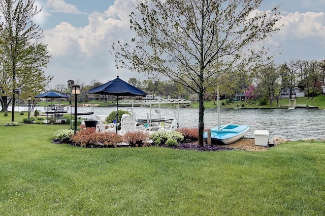 dock area featuring a water view and a lawn