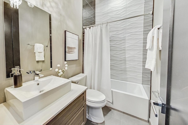 full bathroom featuring shower / bathtub combination with curtain, tile patterned floors, vanity, and toilet