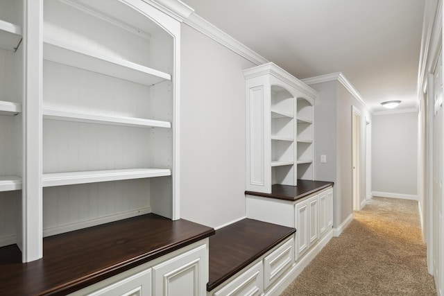 mudroom featuring ornamental molding, carpet flooring, and baseboards