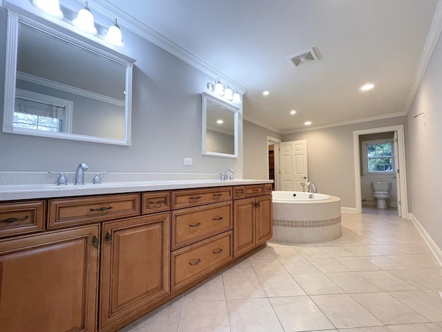 full bath with ornamental molding, visible vents, and tile patterned floors