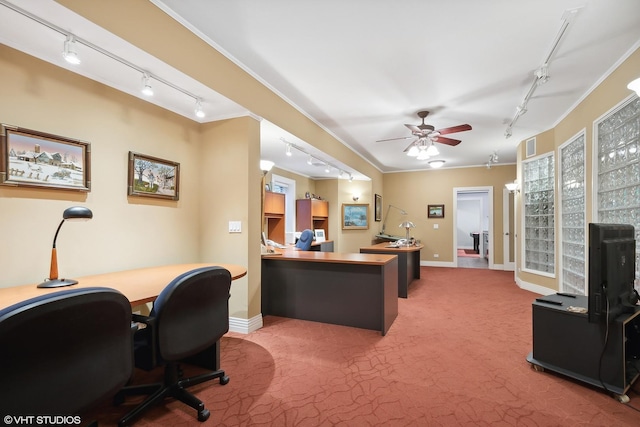 carpeted office featuring ornamental molding and ceiling fan