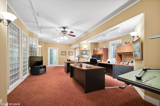 office space featuring ceiling fan, a wealth of natural light, crown molding, and carpet flooring