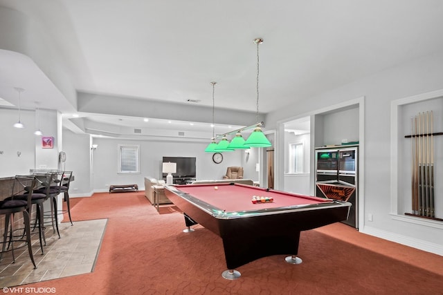 rec room featuring indoor bar, billiards, and light carpet