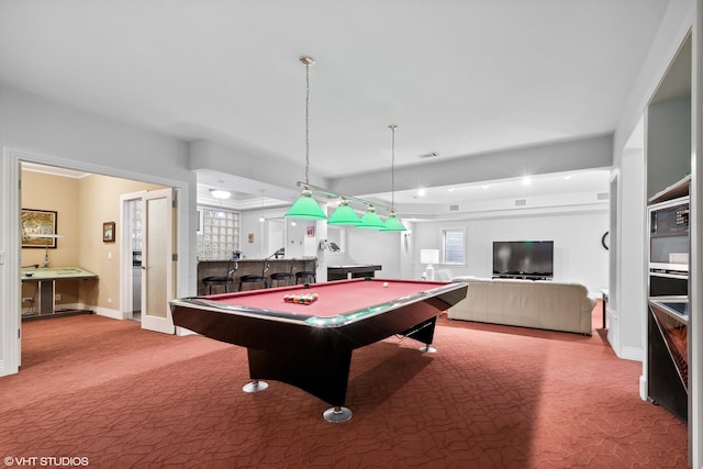 rec room featuring billiards, carpet, and bar