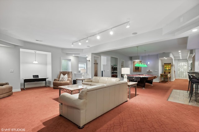 carpeted living room with pool table and a wealth of natural light