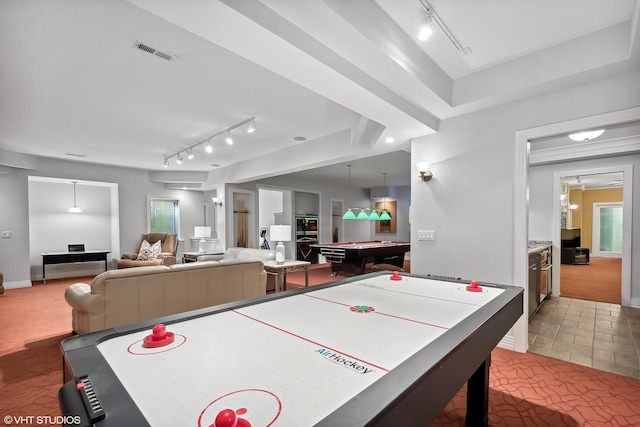 rec room featuring billiards, a tray ceiling, and carpet floors