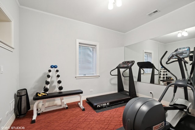 exercise area with carpet flooring and crown molding