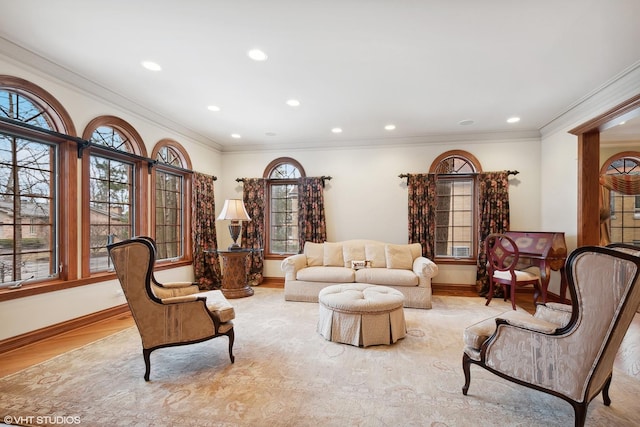 living room featuring ornamental molding and a healthy amount of sunlight