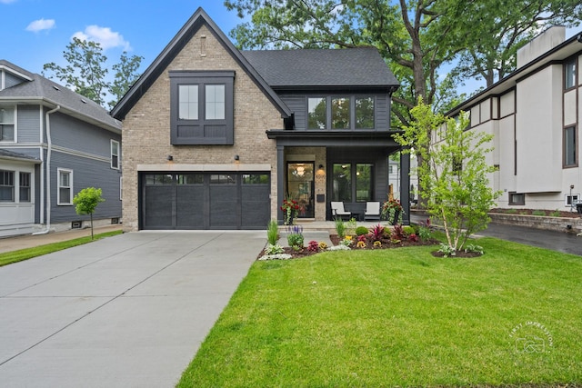 328 S Loomis St, Naperville, IL 60540 - view of front of property with brick siding, an attached garage, concrete driveway, a front lawn, and a porch