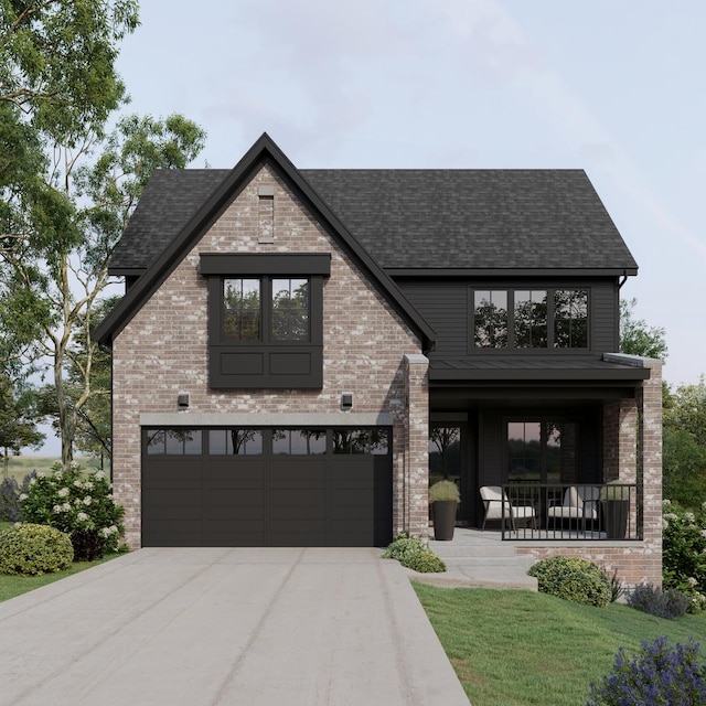 view of front of home featuring brick siding, roof with shingles, concrete driveway, and an attached garage