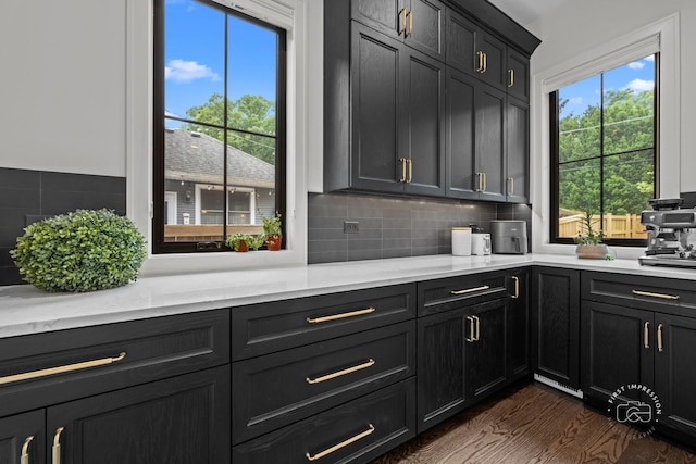 328 S Loomis St, Naperville, IL 60540 - kitchen with backsplash, dark wood-type flooring, light stone countertops, and dark cabinets
