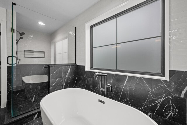 328 S Loomis St, Naperville, IL 60540 - full bath featuring a freestanding tub, a stall shower, recessed lighting, and marble finish floors