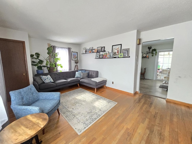 living room featuring a textured ceiling and hardwood / wood-style flooring