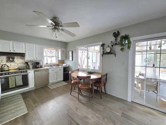 kitchen with dishwasher, black electric range, ceiling fan, tasteful backsplash, and white cabinetry