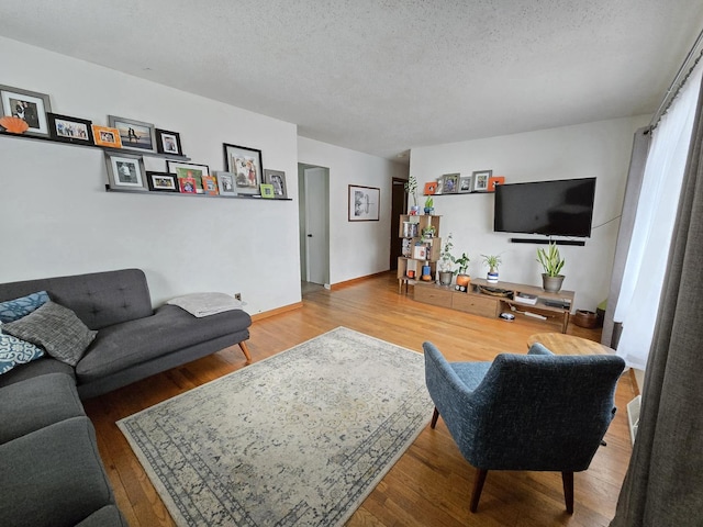 living room featuring wood-type flooring and a textured ceiling