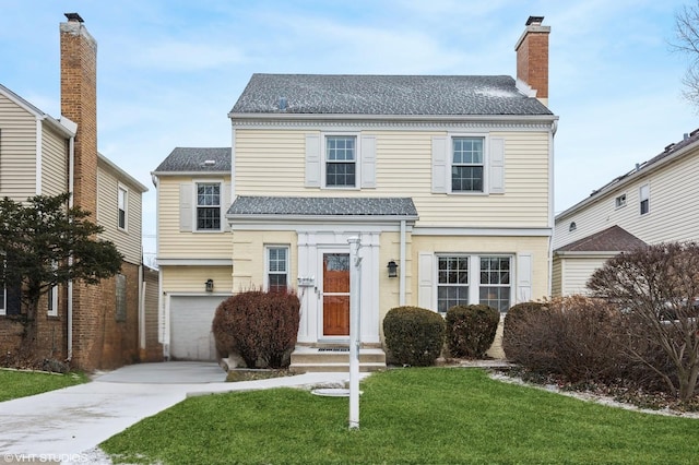 view of front of property featuring a garage and a front lawn