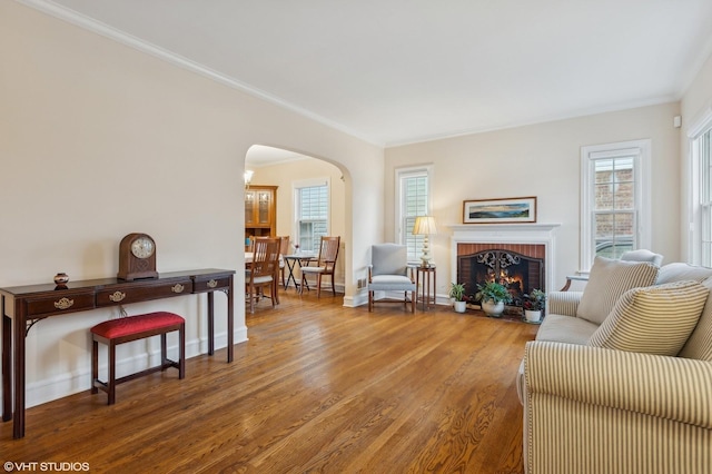 living room with hardwood / wood-style floors, crown molding, and a fireplace