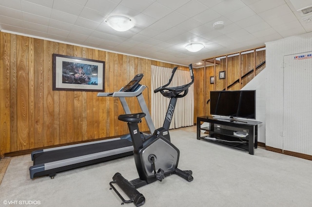 exercise room with light carpet and wooden walls