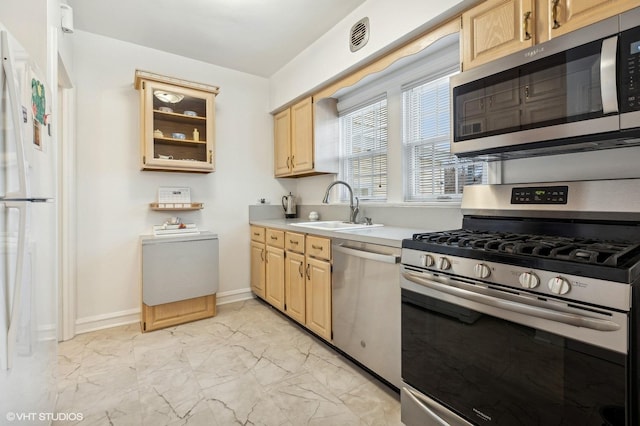 kitchen with appliances with stainless steel finishes, sink, and light brown cabinets