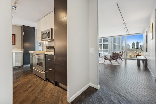 kitchen with dark wood-type flooring, stainless steel appliances, track lighting, white cabinetry, and expansive windows