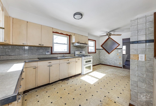 kitchen with ceiling fan, double oven range, and sink