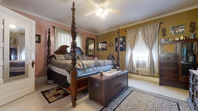 bedroom with ceiling fan and ornamental molding