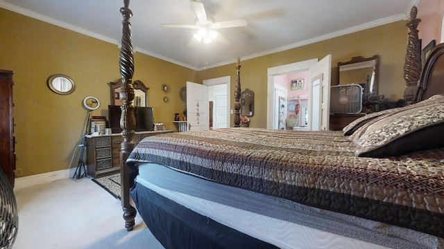 bedroom with ceiling fan, light colored carpet, and crown molding