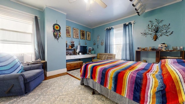 bedroom with ornamental molding, ceiling fan, cooling unit, and hardwood / wood-style floors