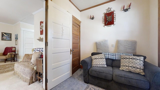 living area featuring ornamental molding and light carpet