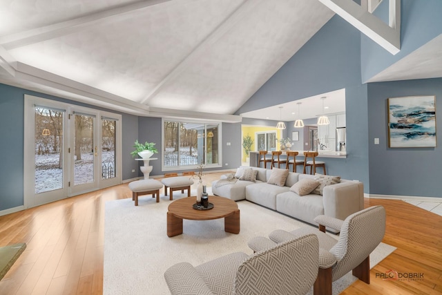 living room with light hardwood / wood-style flooring and vaulted ceiling