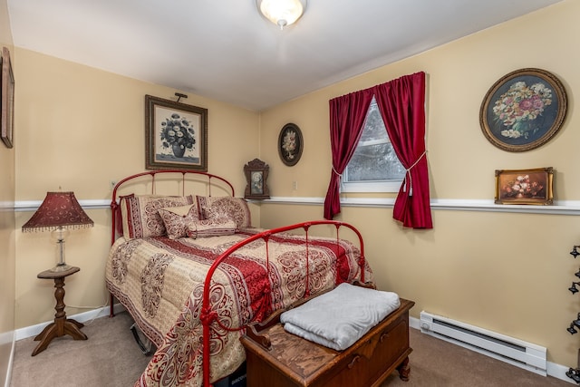 carpeted bedroom featuring a baseboard radiator and baseboards